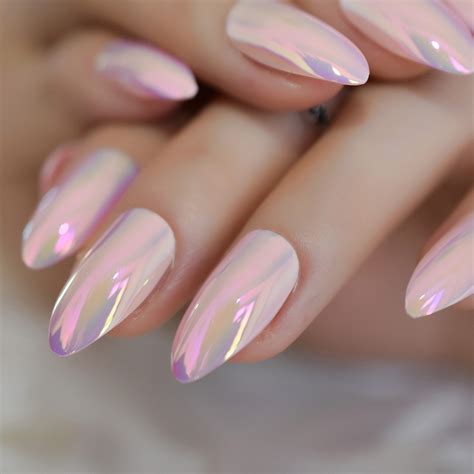 Light Pink Almond Holographic Nail Art Medium Mirror Popular Adhesive
