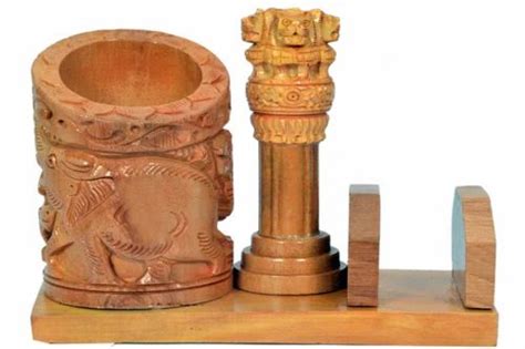 Kalinga Arts Brown Wooden Ashoka Stambh Pen Holder For Decoration