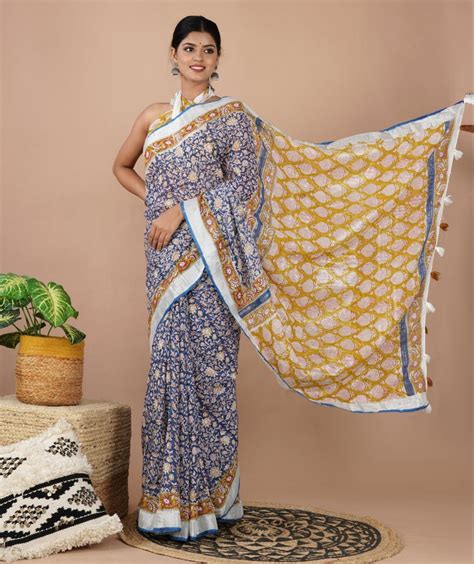 shivanya handicrafts women s linen hand block printed saree with blouse piece cl 061 at rs 650