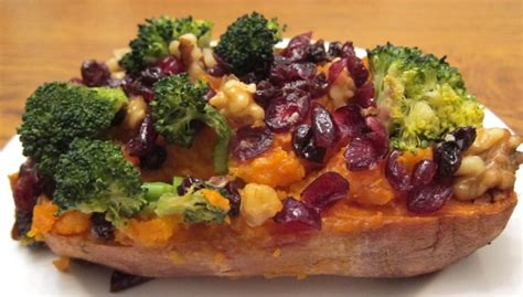 Baked Stuffed Sweet Potatoes With Broccoli Cranberries And Walnuts