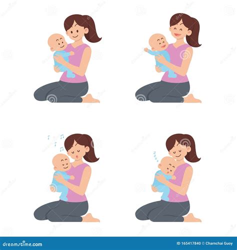 Mother Kneeling Hugging Her Daughter And Son The Concept Of Love Of