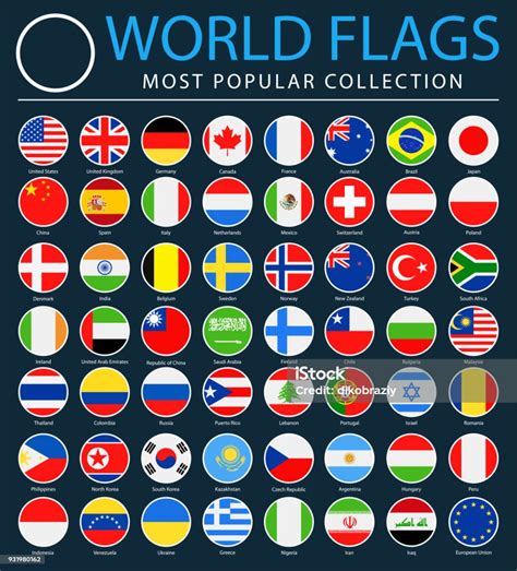 World Flags Vector Round Flat Icons On Dark Background Most Popular