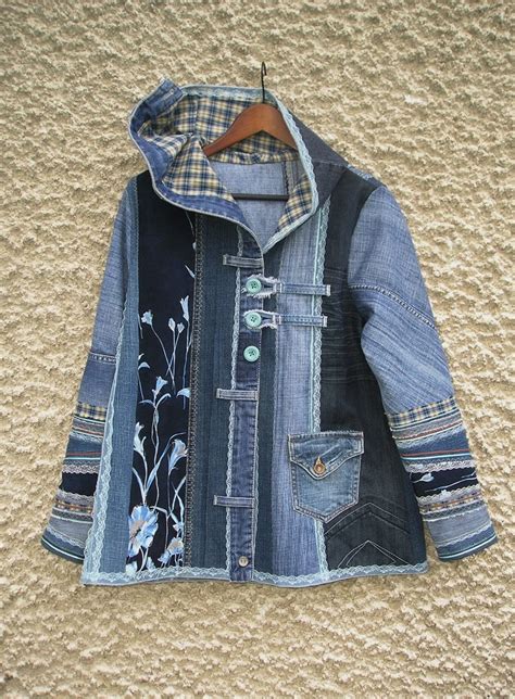Hooded Jacket Upcycled Clothing By EcoClo Denim Collection Size M Upcycle Clothes Recycled