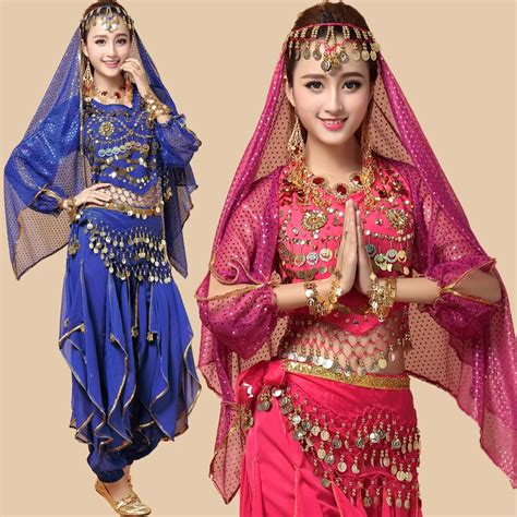 2016 new sexy belly dance costumes set 4pcs top gold wavy pants bel veil bollywood indian