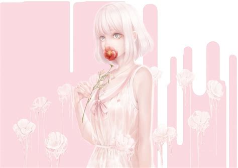 Wallpaper Anime Girl Pastel Colors Flower Short Hair