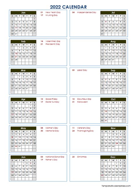yearly calendar template vertical design