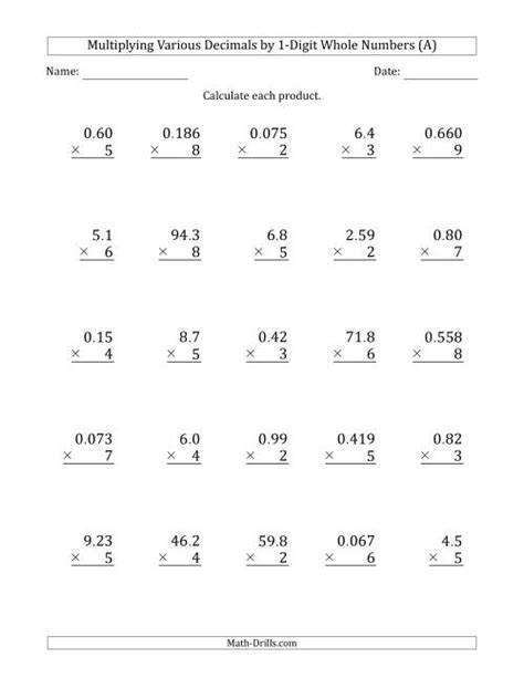 Multiplying Various Decimals By 1 Digit Whole Numbers A