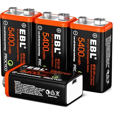 Ebl 4 Pack Usb Rechargeable 9v Lithium Batteries 5400mwh Li Ion Battery