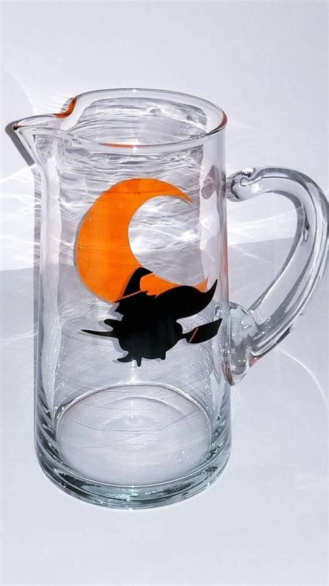 Vintage Halloween Glass Pitcher Flying Witch And Orange Moon Etsy