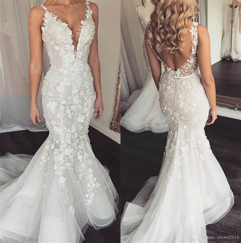 Elegant 2020 Mermaid Wedding Bridal Dresses V Neck Lace 3d Applique