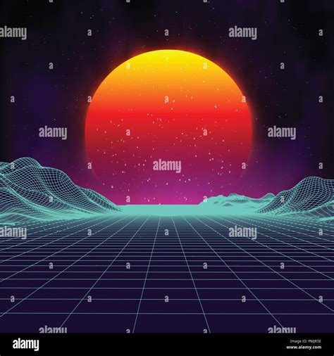 Retro Background Futuristic Landscape 1980s Style Digital Retro