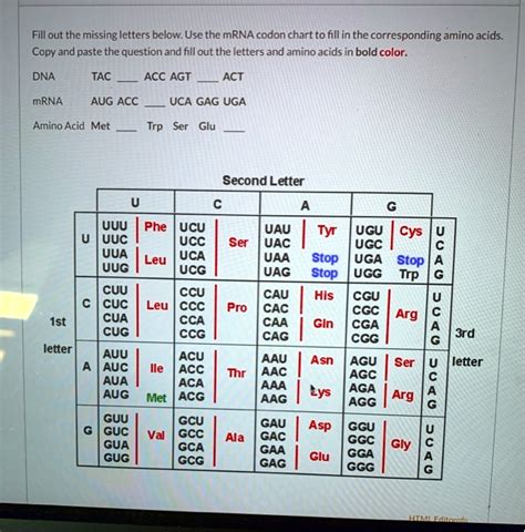 Solved Fill Out The Missing Letters Below Use The Mrna Codon Chart To
