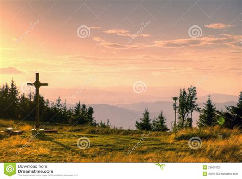 Beautiful Mountain Sunset Panorama With Cross Stock Photo Image Of