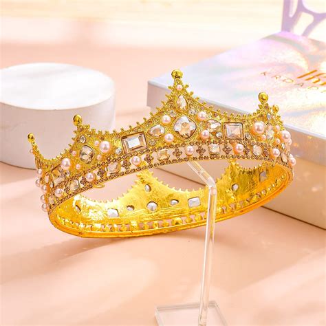 Gold King Crown For Men Pearls Queen Crowns For Women Birthday Prince