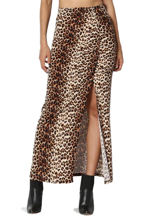 themogan women s leopard print side ruched slit high waist fitted long maxi skirt