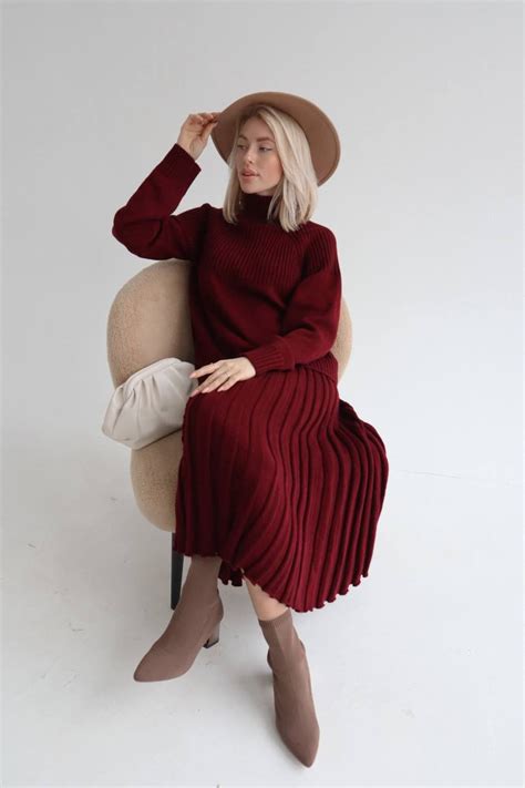 Burgundy Knit Skirt Suit Set With Pleated Skirt And Oversize Etsy