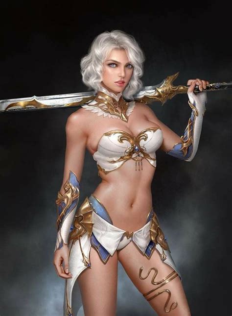A Woman Dressed In White And Gold Holding Two Swords