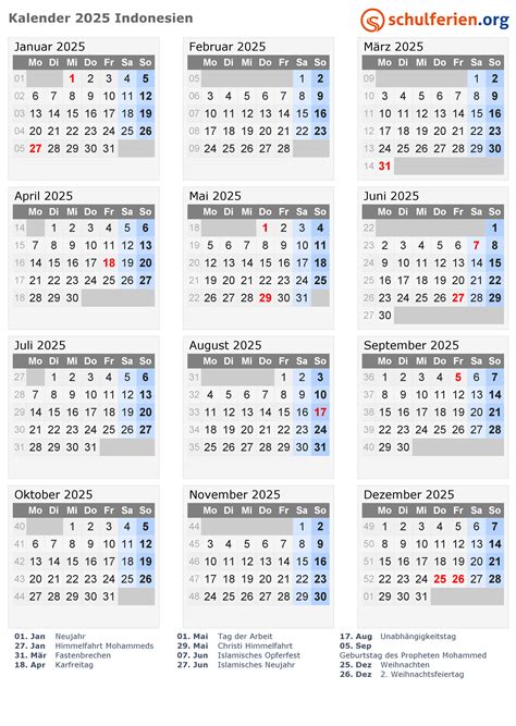 Kalender Indonesien 2025 Mit Feiertage