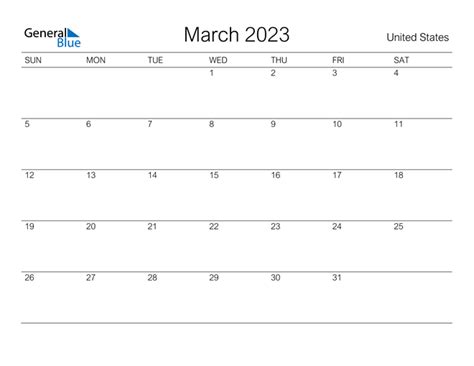 United States March 2023 Calendar With Holidays