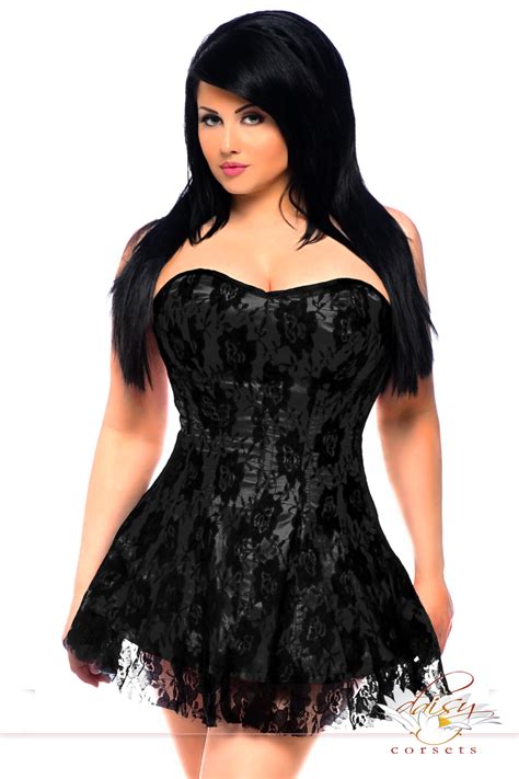 Black Plus Size Corset Dress With Lace Overlay