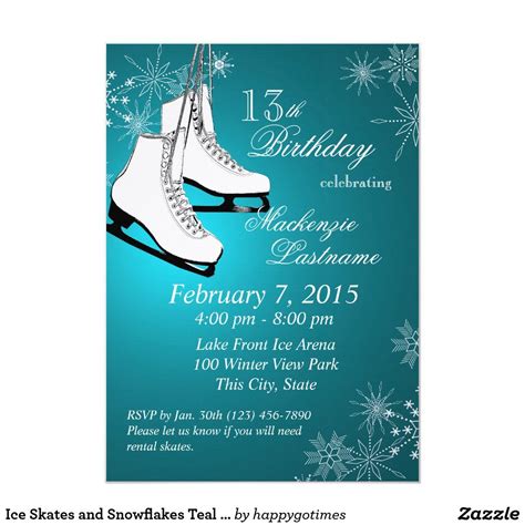Ice Skates And Snowflakes Teal Birthday Invitation Zazzle Birthday