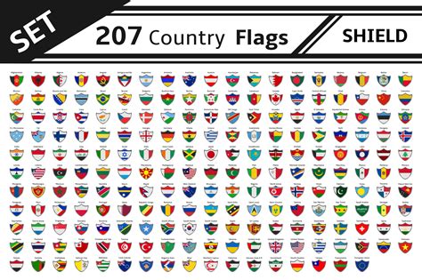 Set 207 Countries Flags Shield Shape Illustrator Graphics Creative