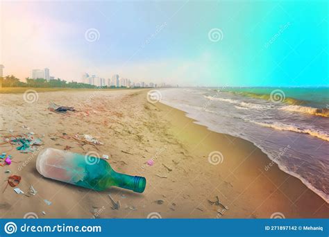 Spilled Garbage On Beach Of Big City Empty Used Dirty Plastic Bottles Stock Illustration