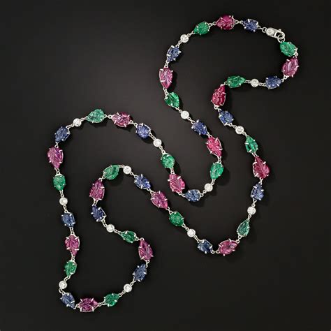 Estate Tutti Frutti Carved Ruby Sapphire Emerald And Diamond Necklace