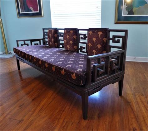 Carved Wood Chinoiserie Sofa Vintage Asian Settee Ming Style Bench With