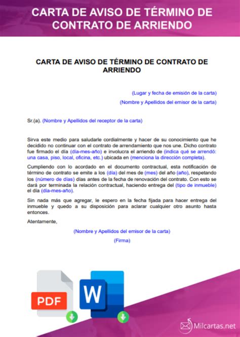 Carta De Aviso De Término De Contrato De Arriendo Gratis