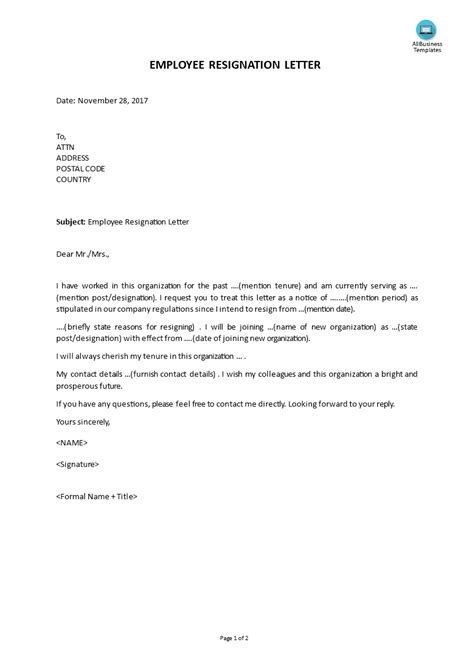 Employee Resignation Letter Templates At