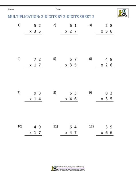 Math Worksheets Multiplying Two Digit Numbers 4th Grade