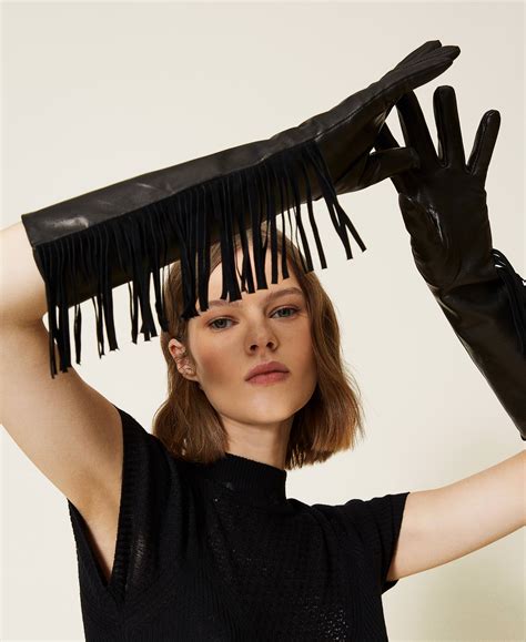 Leather Gloves With Fringes Woman Black Twinset Milano