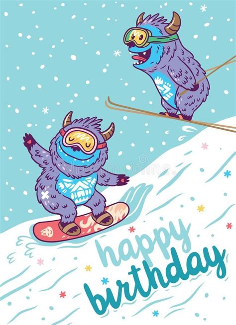cartoon yetis skiing and lettering happy birthday vector illustration stock illustration