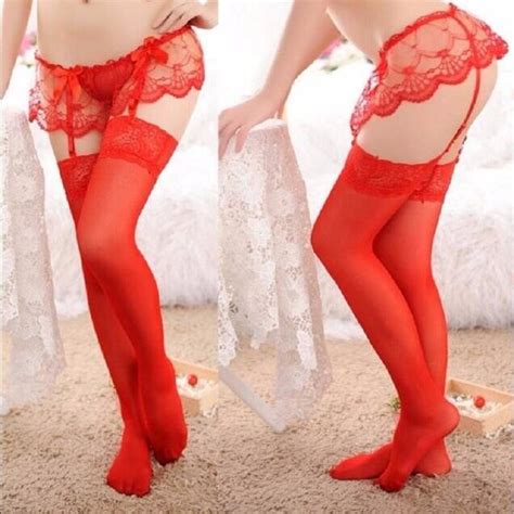 Hot Sexy Garter Belt Stocking Set Sexy Women Stockings Sheer Lace Tighs Top Over The Knee Sexy