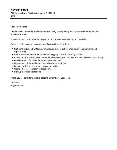 Utility Clerk Cover Letter | Velvet Jobs