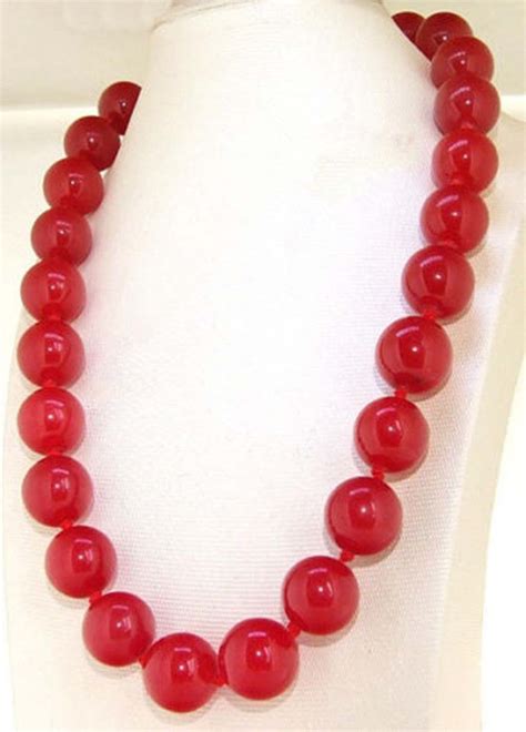 Rare Handmade 14mm Natural Red Jade Gemstone Round Beads Necklace 18