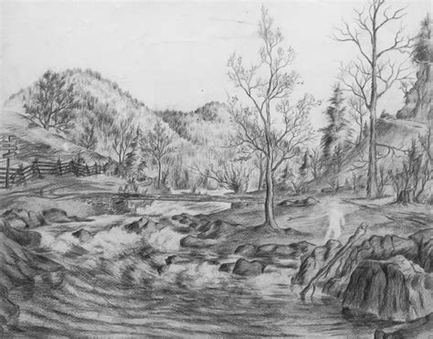 Mountain River Original Unfinished Pencil Drawing On Paper 1930s