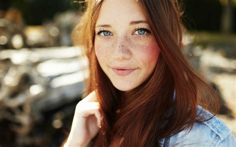 Wallpaper Women Model Freckles Blue Eyes Redhead Depth Of Field