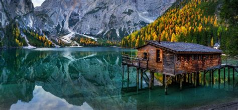 Nature Landscape Lake Fall Mountains Forest Blue Sky Water House