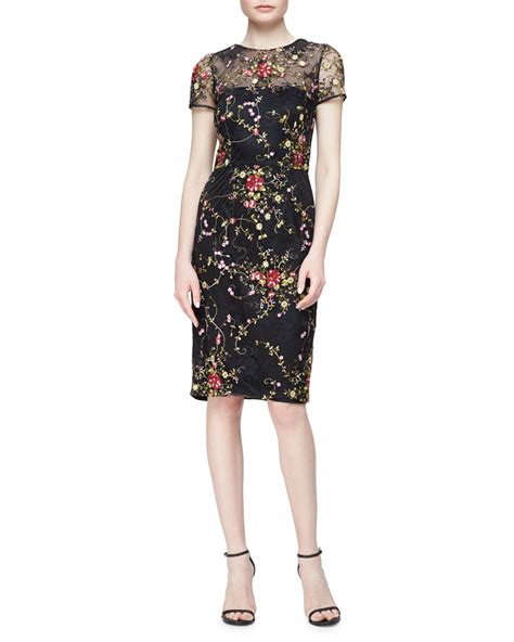 David Meister Short Sleeve Floral Embroidered Cocktail Dress Neiman Marcus