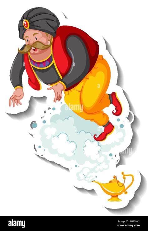 Genie Coming Out Of Magic Lamp Cartoon Character Sticker Illustration