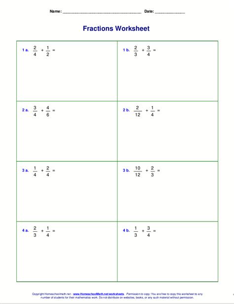 Add Fractions With Different Denominators Worksheets