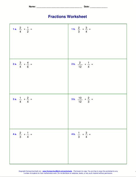 Adding Fractions With Different Denominators Worksheets