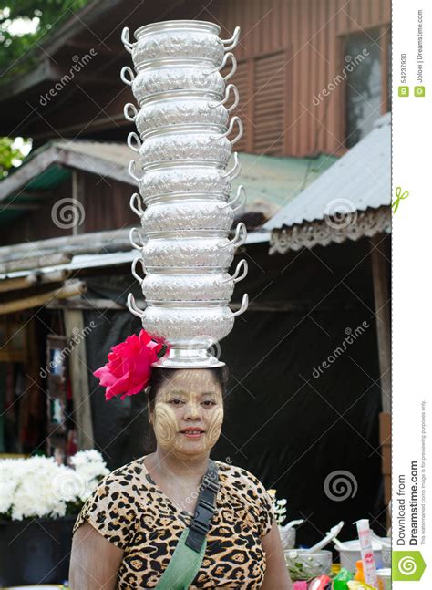 mon woman carries pots on her head editorial image image of people culture 54237930