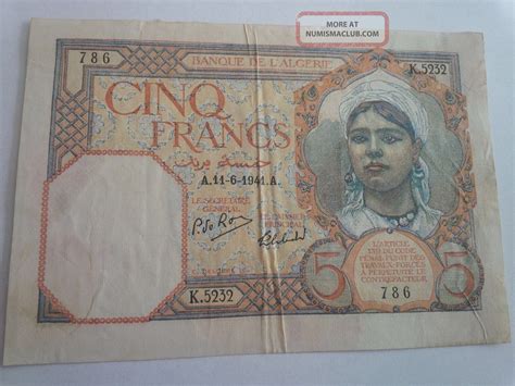 1941 A Algeria 5 Francs Banknote P 77