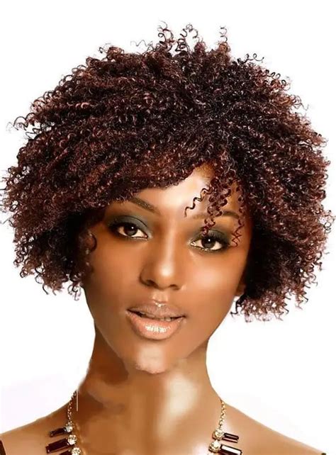 Short Afro Kinky Curly Wig Synthetic For African American Women None Lace Dark Auburn Heat