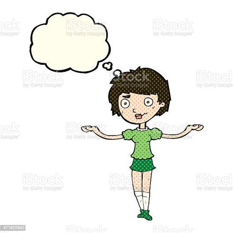 Cartoon Woman Spreading Arms With Thought Bubble Stock Illustration
