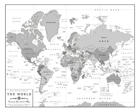 The World 11 X 14 Black And White Country Boundaries Map Large Art