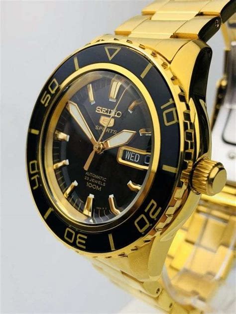 Seiko 5 Sports Automatic Black Dial Gold Stainless Steel Mens Watch
